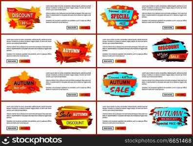 Info labels with signs of price reduction autumn fall conceptual web banners design with buttons read more and buy now, vector illustrations. Info Labels with Signs Price Reduction Autumn Fall