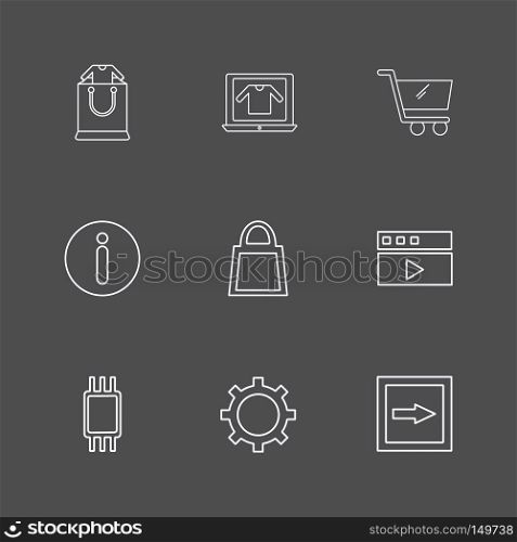 info , setting , video ,cart; technology; online; internet; shopping bag; icon; vector; design; flat; collection; style; creative; icons