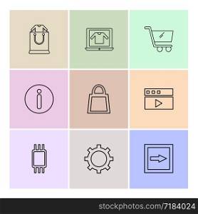 info , setting , video ,cart; technology; online; internet; shopping bag; icon; vector; design; flat; collection; style; creative; icons