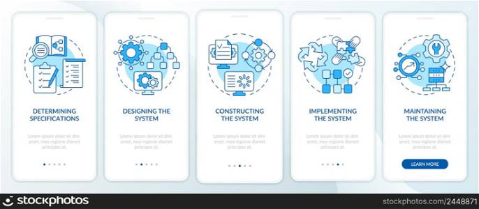 Info system development life cycle blue onboarding mobile app screen. Walkthrough 5 steps graphic instructions pages with linear concepts. UI, UX, GUI template. Myriad Pro-Bold, Regular fonts used. Info system development life cycle blue onboarding mobile app screen