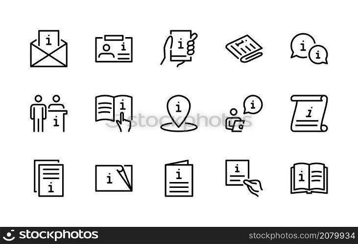 INFO vector linear icons set. Business Information. Reference, Instruction, manual, rule, inform, info center and more. Isolated collection of information icon for web sites on white background.. INFO vector linear icons set. Isolated Information icon collection on white background. Info symbol vector set.