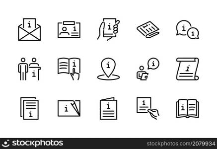 INFO vector linear icons set. Business Information. Reference, Instruction, manual, rule, inform, info center and more. Isolated collection of information icon for web sites on white background.. INFO vector linear icons set. Isolated Information icon collection on white background. Info symbol vector set.