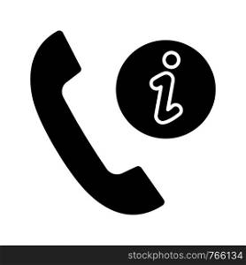 Infocenter support glyph icon. Information center. Hotline support. Helpdesk. Call center. Handset with i sign. Silhouette symbol. Negative space. Vector isolated illustration. Infocenter support glyph icon
