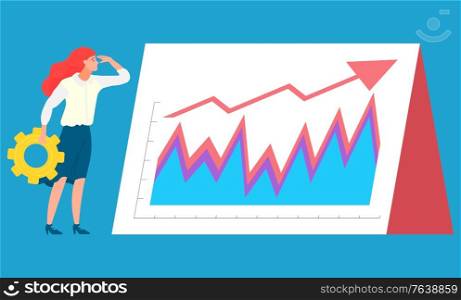 Infochart on board vector, woman holding instrument symbol of process. Flat style character working on project statistics and analysis info and data. Businesslady with Cogwheel and Board with Chart
