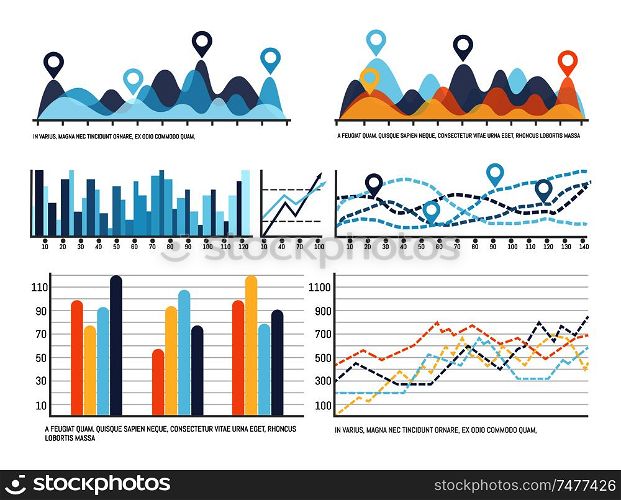 Infochart with data, flowchart visual information representation vector. Diagrams and schemes, charts with falling and growing lines design results. Infochart with Data, Flowchart Visual Information