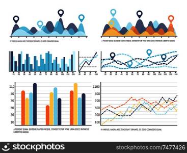 Infochart with data, flowchart visual information representation vector. Diagrams and schemes, charts with falling and growing lines design results. Infochart with Data, Flowchart Visual Information