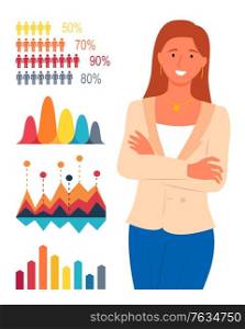 Infocharts and analytics, woman wearing formal suit smiling standing by boards and screen with data representation, charts and schemes set. Analyze manager. Vector illustration in flat cartoon style. Secretary Woman Smiling Standing by Infocharts