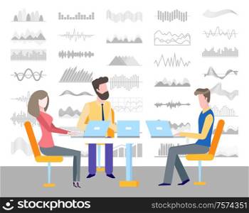 Infocharts and infographics vector. Business meeting seminar of colleagues with laptops discussing flowcharts and results of projects, conference. People Sitting on Conference Discussing Infocharts