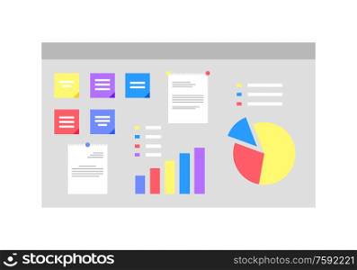 Infocharts and representation on board vector, isolated whiteboard with info for presentation flat style, statistics and layout analysis of project. Board with Infographics and Schemes Visualization