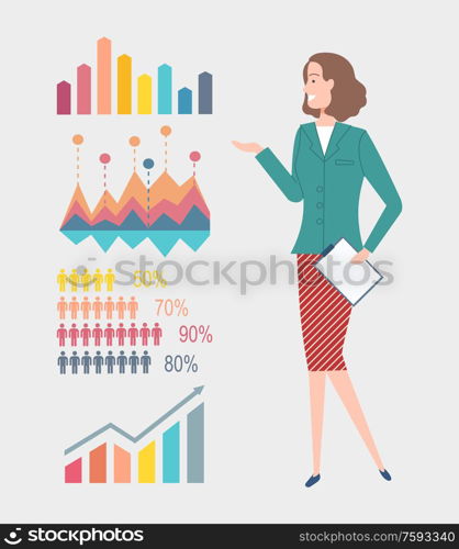 Infocharts and schemes vector, information visual representation on screen, lady with clipboard and papers helping in presentation explanation of details. Woman Presenting Information in Infocharts Schemes