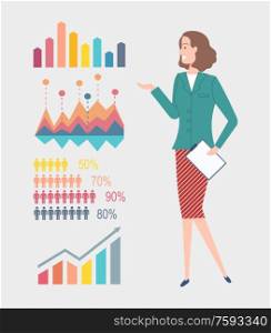 Infocharts and schemes vector, information visual representation on screen, lady with clipboard and papers helping in presentation explanation of details. Woman Presenting Information in Infocharts Schemes