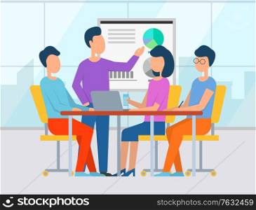 Infocharts on whiteboard, presentation with info and segments. Seminar business conference with workers in office, planning new strategy. Vector illustration in flat cartoon style. People on Conference, Whiteboard with Information