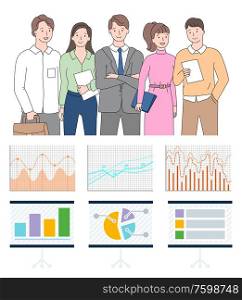 Infocharts with data on business project vector, man and woman working together on development of project and success. Teamwork with infographics. Business People with Documents and Report Charts