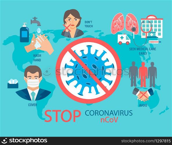 Infogaphic for Coronavirus 2019-nCoV disease prevention. Healthcare and hygiene procedure. How to protect yourself from virus, 5 tips and rules. Pandemic 2020. Vector illustration.. Infogaphic for Coronavirus disease prevention.