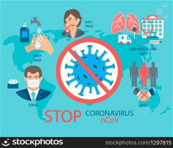 Infogaphic for Coronavirus 2019-nCoV disease prevention. Healthcare and hygiene procedure. How to protect yourself from virus, 5 tips and rules. Pandemic 2020. Vector illustration.. Infogaphic for Coronavirus disease prevention.