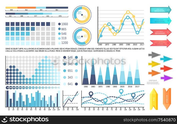 Infograph and pie diagrams, business concept vector. Graphic representation of data results. Set for infographics presentation of info in flowcharts and increasing lines. Infographics and Pie Diagrams, Business Concept
