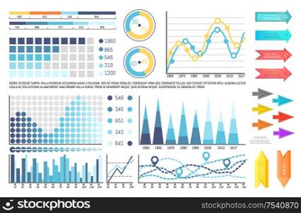 Infograph and pie diagrams, business concept vector. Graphic representation of data results. Set for infographics presentation of info in flowcharts and increasing lines. Infographics and Pie Diagrams, Business Concept
