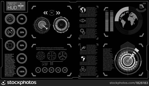 Infographic and chart elements for futuristic design. Space subjects. Black and white background. Vector file.