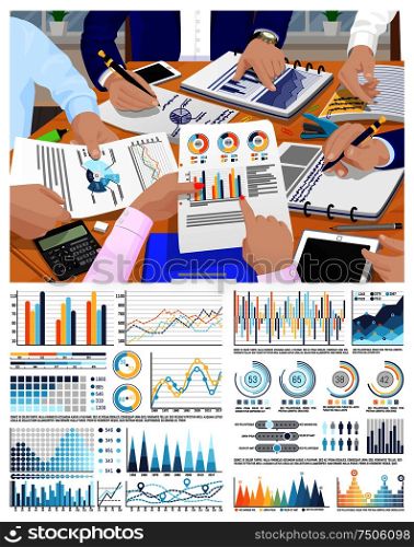 Infographic and flowcharts, business conference vector. Meeting of workers discussing results of graphics and charts on pages . Documentation paper. Infographic and Flowcharts, Business Conference