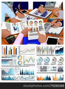 Infographic and flowcharts, business conference vector. Meeting of workers discussing results of graphics and charts on pages . Documentation paper. Infographic and Flowcharts, Business Conference