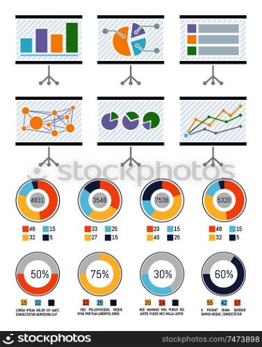 Infographic and infocharts on whiteboards vector. Whiteboard with graphics and schemes, statistics and layout. Business plan presentation pie diagrams. Infographic and Infocharts on Whiteboards Set