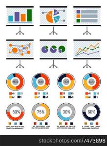 Infographic and infocharts on whiteboards vector. Whiteboard with graphics and schemes, statistics and layout. Business plan presentation pie diagrams. Infographic and Infocharts on Whiteboards Set