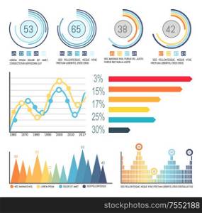Infographic and pie diagrams, curve lines visual info vector. Percentage and numeric data, statistics on graphics, flowcharts and infocharts isolated. Infographic and Pie Diagrams, Curves Visual Info