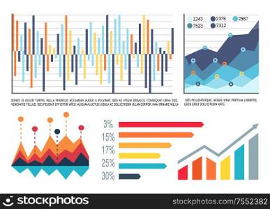 Infographic and text sample, explanation data vector. Schemes presentation of information, location pointers and growing chart results. Graphics set. Infographic and Text Sample, Explanation Data