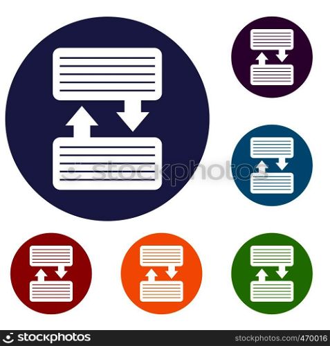 Infographic blocks with arrows icons set in flat circle reb, blue and green color for web. Infographic blocks with arrows icons set