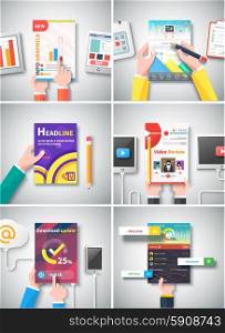 Infographic business brochures banners analitics, strategy with hands. Modern stylized graphics data visualization. Can be used for web banners marketing and promotional materials, flyers, presentation templates