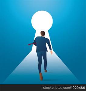 infographic Business concept illustration of a businessman walking into keyhole with bright light