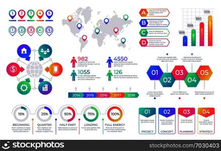 Infographic chart. Timeline graph elements with flow diagrams and percent line bars, business process graph. Vector presentation flowchart set. Infographic chart. Timeline graph elements with flow diagrams and percent line bars, business process graph. Vector presentation set