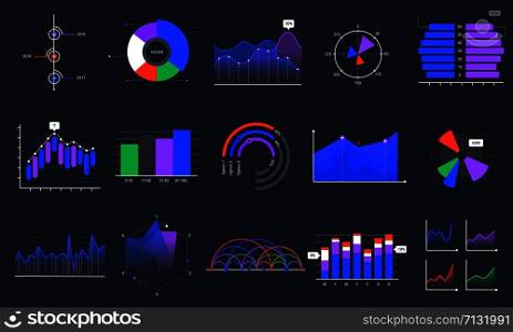 Infographic charts. Colorful data graphs, statistics dashboard chart and analytic presentation graph vector set. Business data visualization, stock market diagram on black background. Sales analysis. Infographic charts. Colorful data graphs, statistics dashboard chart and analytic presentation graph vector set. Business data visualization, marketing graphic on black background. Sales analysis