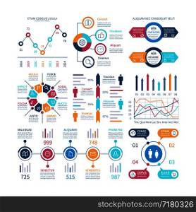 Infographic charts. Infochart elements, marketing chart and graphs, bar diagrams. Step and option process graph and timeline vector set. Illustration of chart and graph bar, infographic and infochart. Infographic charts. Infochart elements, marketing chart and graphs, bar diagrams. Step and option process graph and timeline vector set