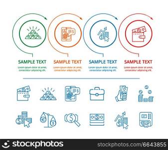 Infographic commerce representing icons of gold and wallet with money, briefcase and atm and scales, picture with text sample vector illustration. Infographic Commerce and Text Vector Illustration