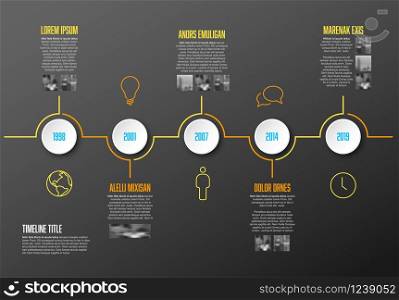 Infographic Company Milestones Timeline Template with circles and photo placeholders - dark version