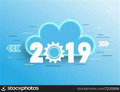 Infographic concept 2019 year. Hot trends, prospects in cloud computing services and technologies, big data storage, communication. Vector illustration.