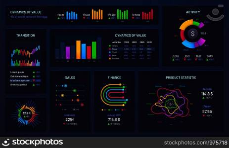 Infographic dashboard. Financial charts, gradient graph and trading statistic chart. Futuristic infographics, statistics graphic analyzing finance data bar vector illustration. Infographic dashboard. Financial charts, gradient graph and trading statistic chart vector illustration
