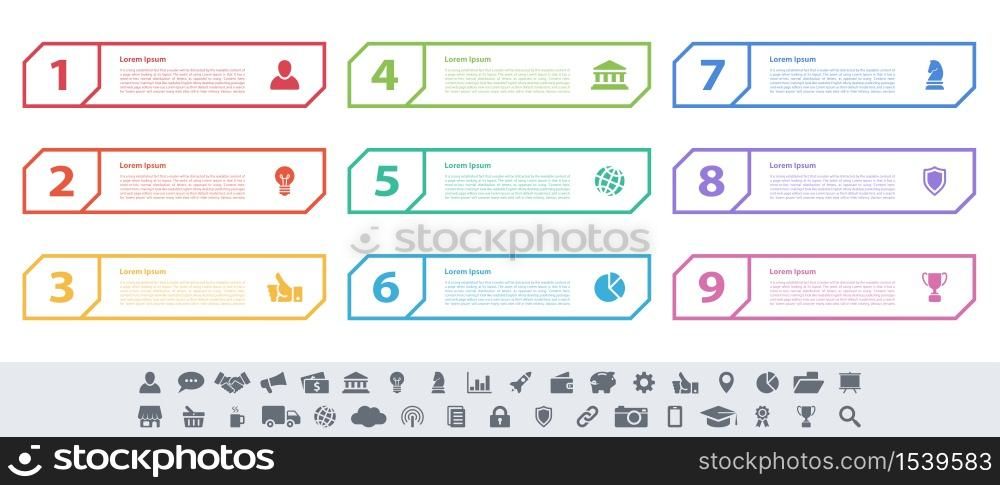Infographic design business concept vector illustration with 9 steps or options or processes represent work flow or diagram or web button banner