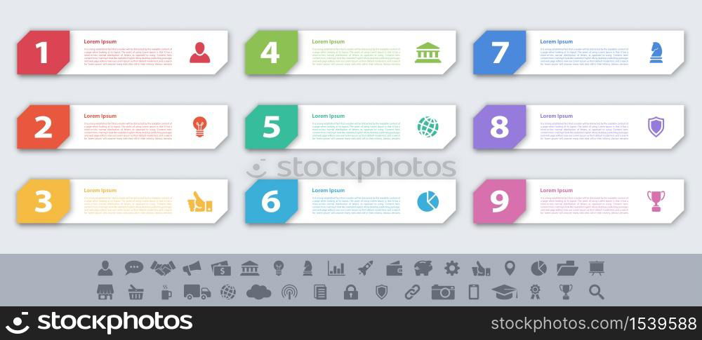 Infographic design business concept vector illustration with 9 steps or options or processes represent work flow or diagram or web button banner