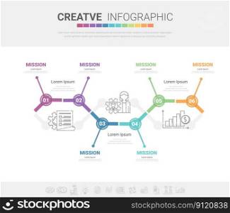 Infographic design elements for your business with 6 options, can be used for workflow layout, diagram, number step up options., Vector Illustration.