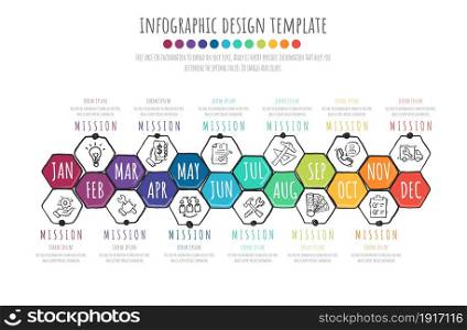 Infographic design Hand drawing style, 12 month for Presentation infographic, Timeline infographics, steps or processes. Vector illustration.
