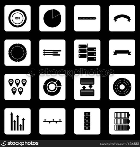 Infographic design parts icons set in white squares on black background simple style vector illustration. Infographic design parts icons set squares vector
