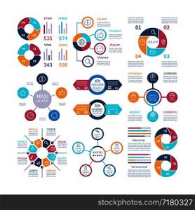Infographic design. Pie charts and step circle diagram, text layouts bar graphs and histograms. Vector infographics set of color infochart illustration. Infographic design. Pie charts and step circle diagram, text layouts bar graphs and histograms. Vector infographics set
