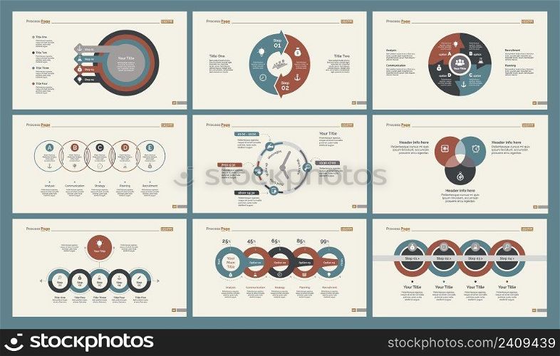 Infographic design set can be used for workflow layout, diagram, annual report, presentation, web design. Business and management concept with process, percentage, timing and area charts.
