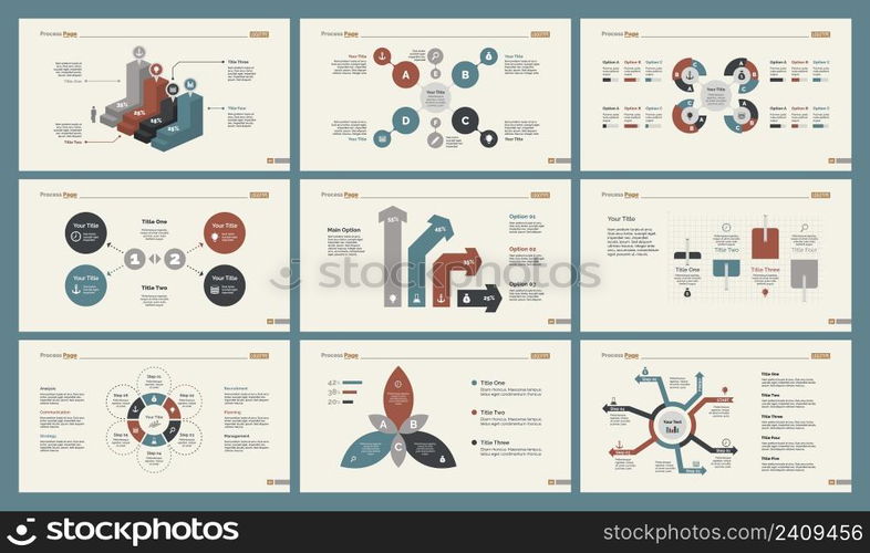 Infographic design set can be used for workflow layout, diagram, annual report, presentation, web design. Business and research concept with process, percentage, bar charts and mind maps.