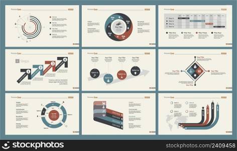 Infographic design set can be used for workflow layout, diagram, annual report, presentation, web design. Business and statistics concept with process, percentage, timing and doughnut charts.