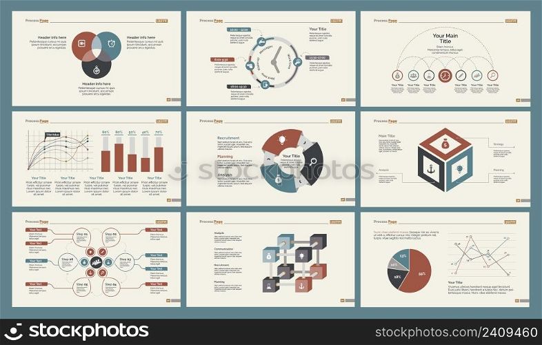 Infographic design set can be used for workflow layout, diagram, annual report, presentation, web design. Business and statistics concept with process, percentage, timing, line, pie and bar charts.