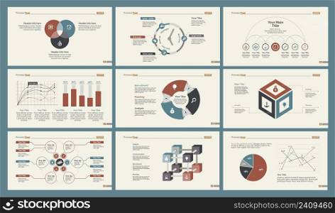 Infographic design set can be used for workflow layout, diagram, annual report, presentation, web design. Business and statistics concept with process, percentage, timing, line, pie and bar charts.
