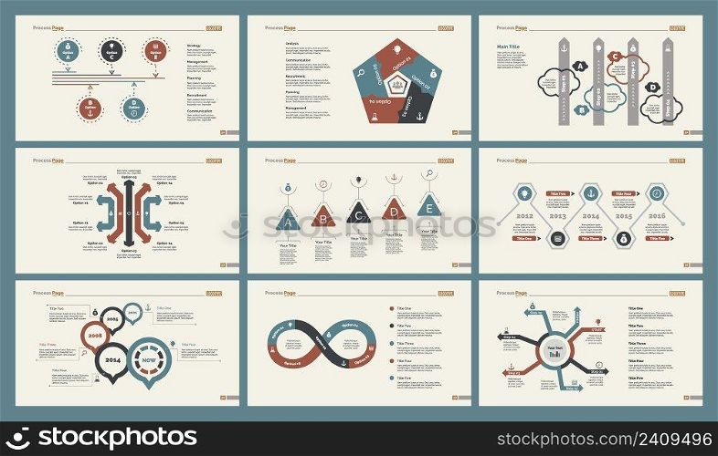 Infographic design set can be used for workflow layout, diagram, annual report, presentation, web design. Business and economics concept with process and timing charts.. Six Economics Slide Templates Set